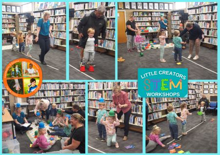 Collage of photos showing children doing STEM activities at the library.
