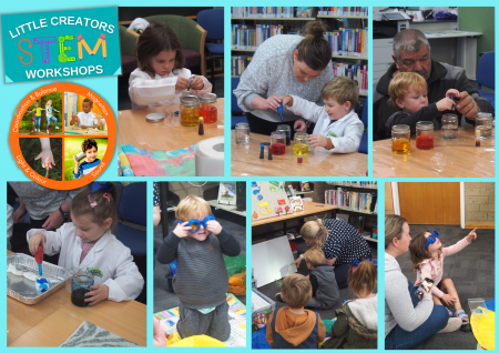Collage of photos showing children doing STEM activities at the library.