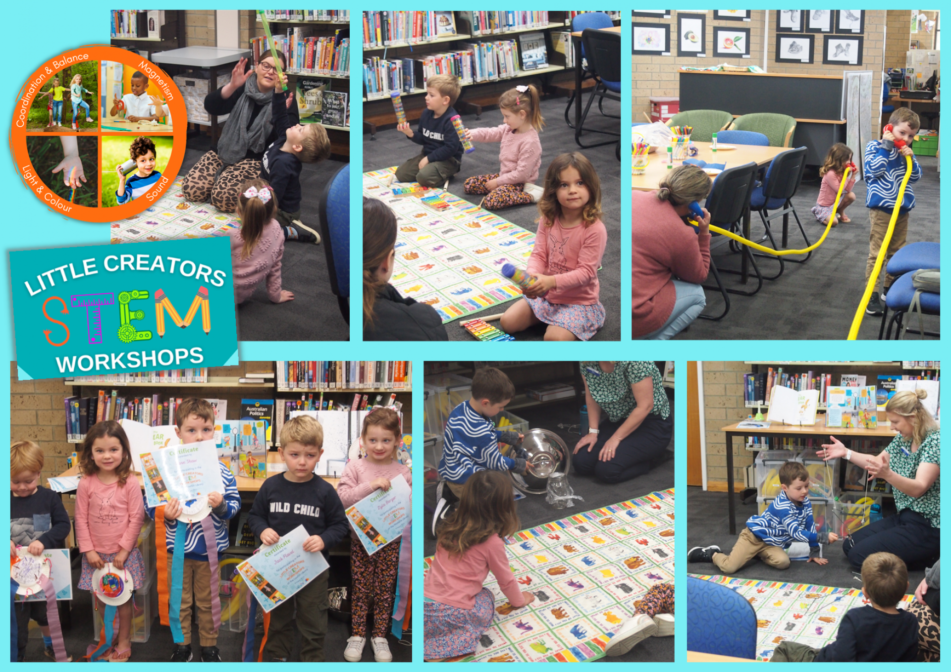 Collage of photos showing children doing STEM activities at the library.