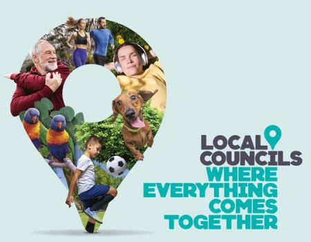 Local Councils where everything comes together - logo and drop pin with a collage of people in the outdoors
