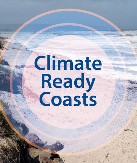 Text in a circle 'Climate Ready Coasts' with image of coastline in background